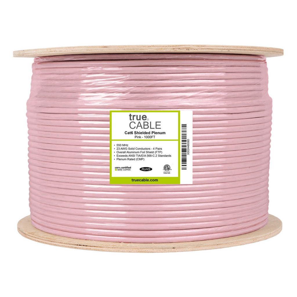 Cat6 Shielded Plenum Ethernet Cable Pink 1000ft trueCABLE Reel Label