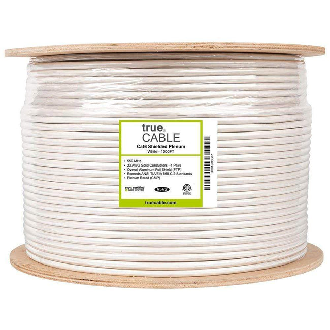 Cat6 Shielded Plenum Ethernet Cable White 1000ft trueCABLE Reel Label