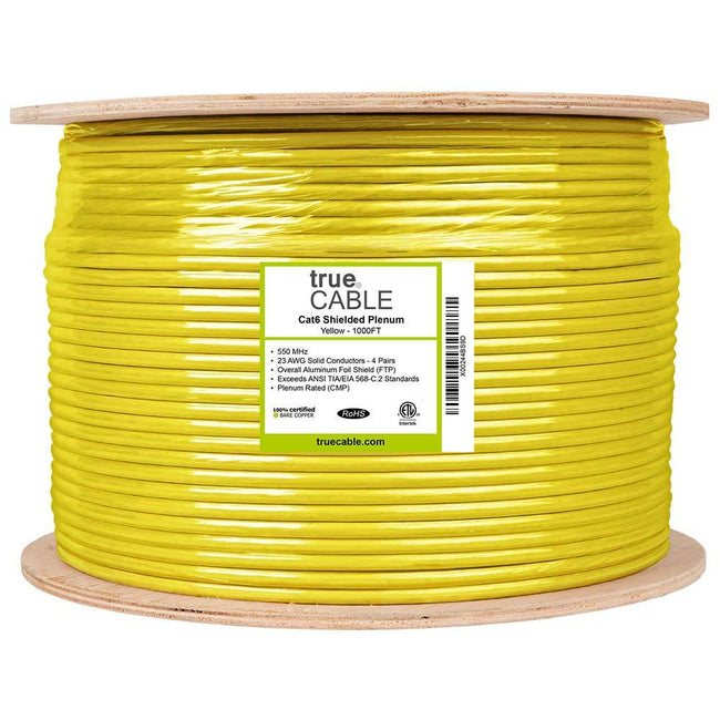 Cat6 Shielded Plenum Ethernet Cable Yellow 1000ft trueCABLE Reel Label