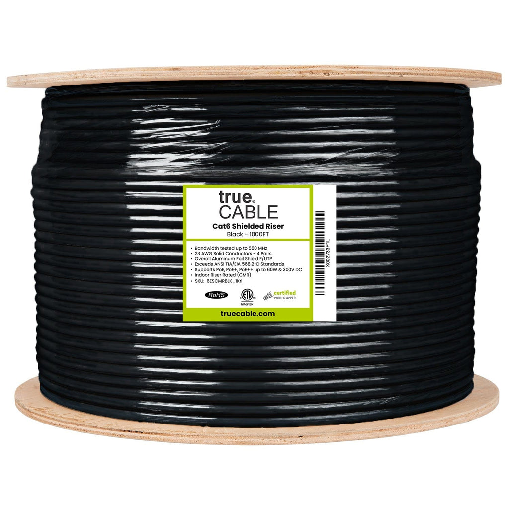 Cat6 Riser Shielded Cable, Black, 1000ft, Reel