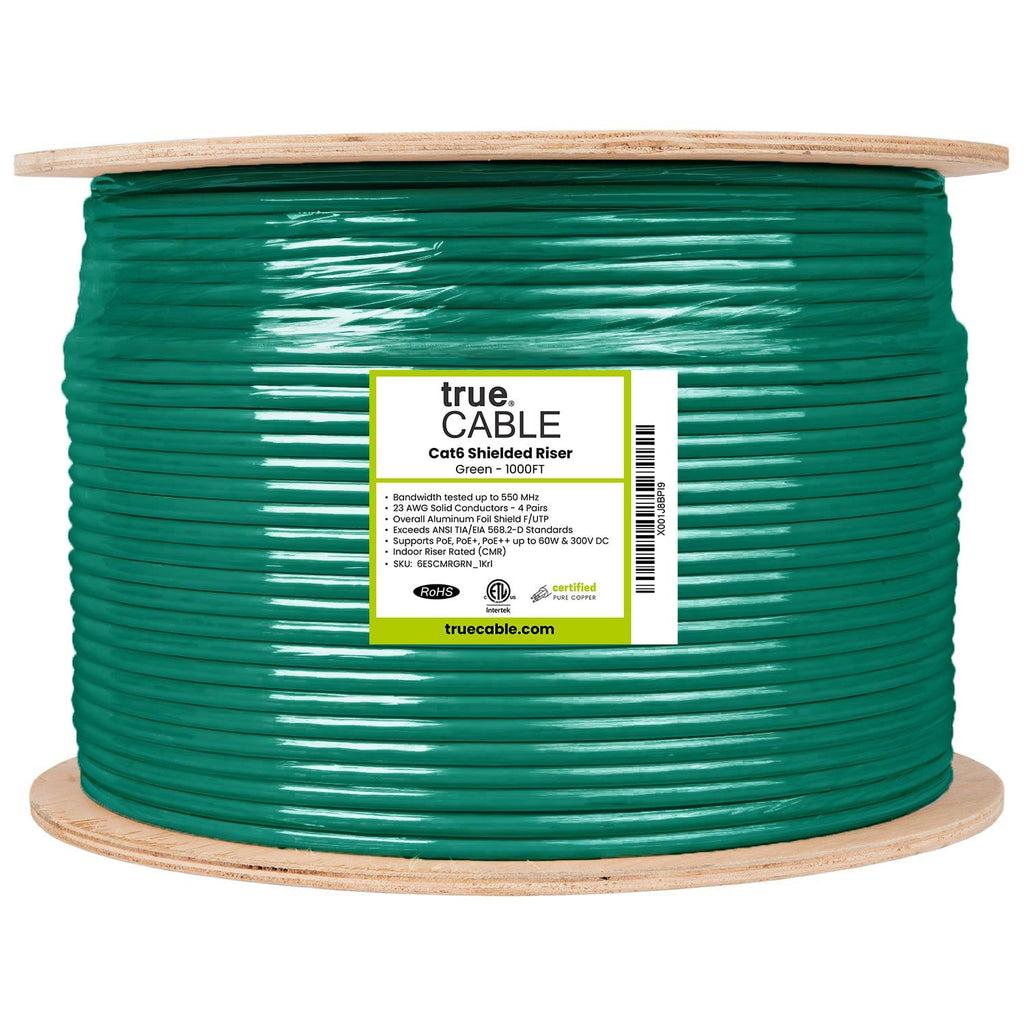 Cat6 Shielded Riser Ethernet Cable Green 1000ft trueCABLE Reel Label