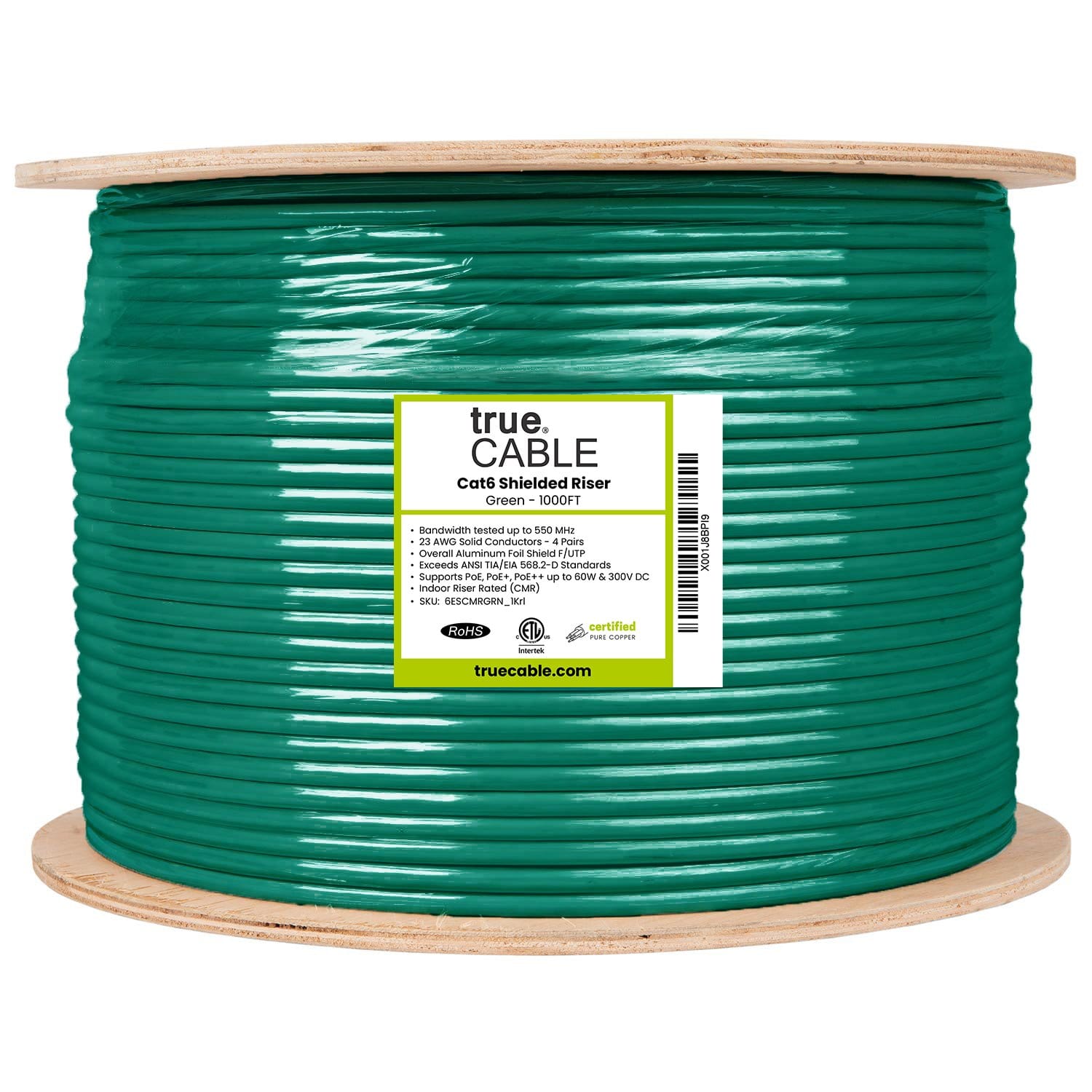 Cat6 Shielded Riser Ethernet Cable Green 1000ft trueCABLE Reel Label