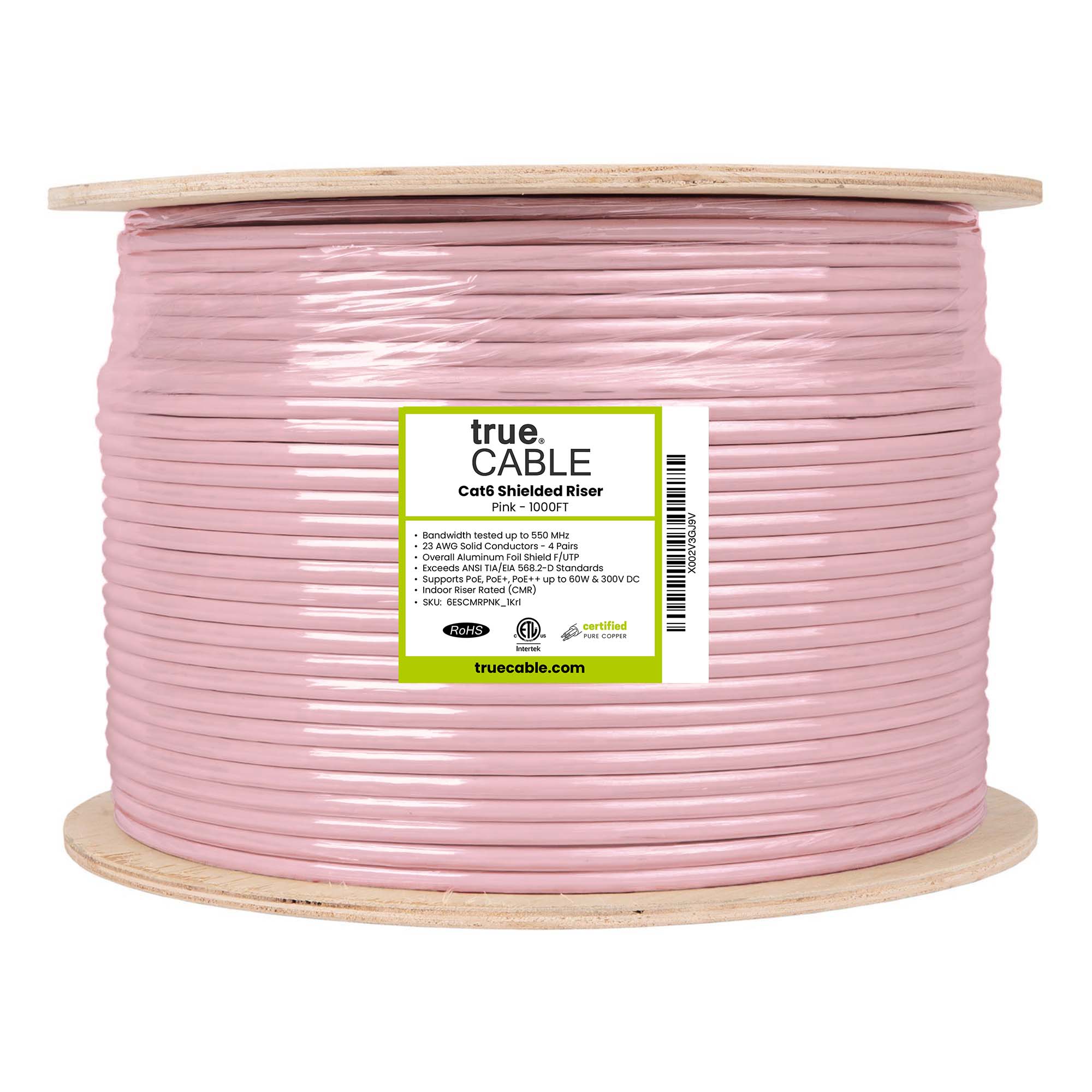Cat6 Riser Shielded Cable, pink, 1000ft, Reel
