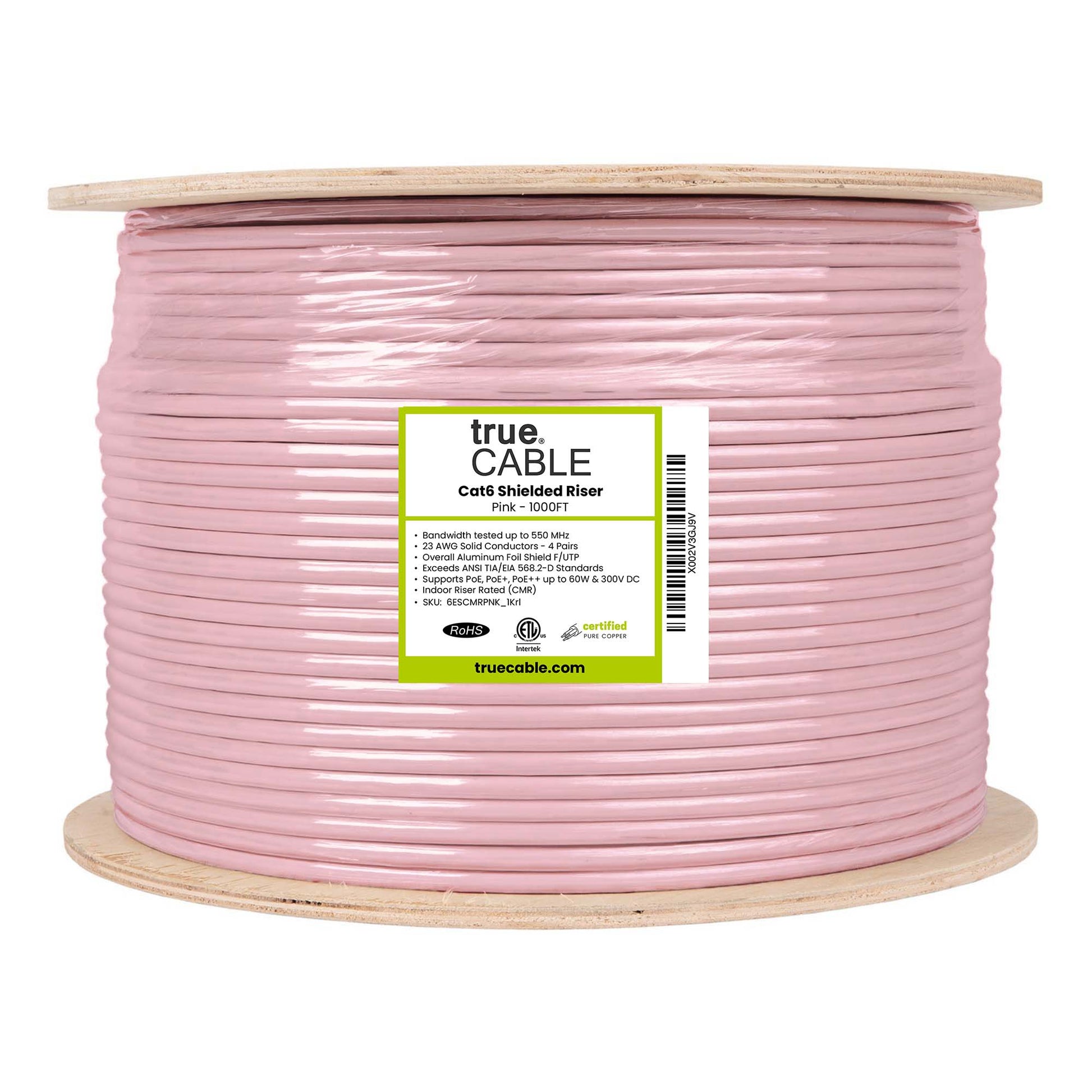 Cat6 Riser Shielded Cable, pink, 1000ft, Reel