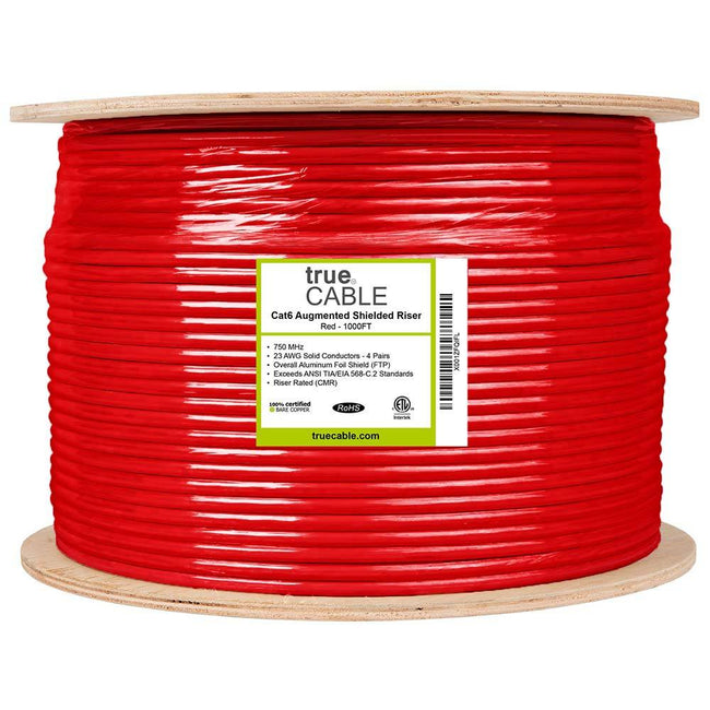 Cat6A Shielded Riser Ethernet Cable Red 1000ft trueCABLE Reel