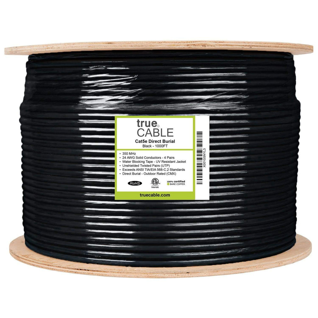 Outdoor Cat5e Cable Black 1000ft trueCABLE Reel Label