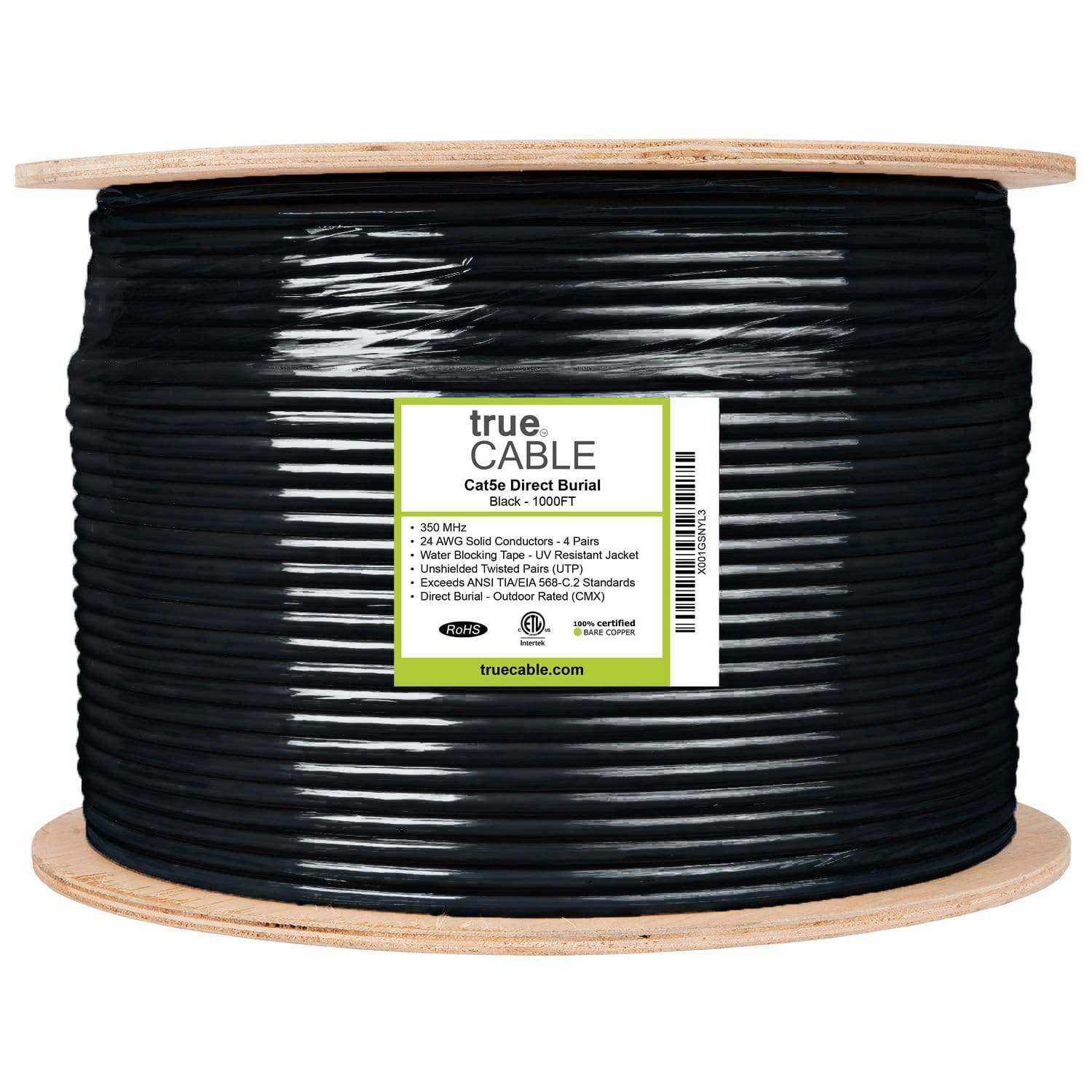 Outdoor Cat5e Cable Black 1000ft trueCABLE Reel Label