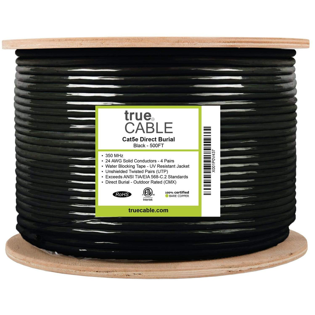 Outdoor Cat5e Cable Black 500ft trueCABLE Reel Label