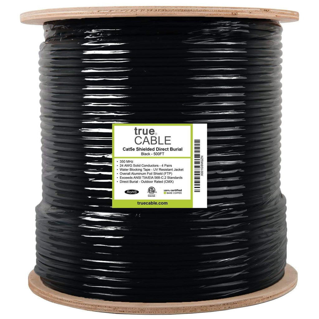 Cat5e Shielded Outdoor Cable Black 500ft trueCABLE Reel Label