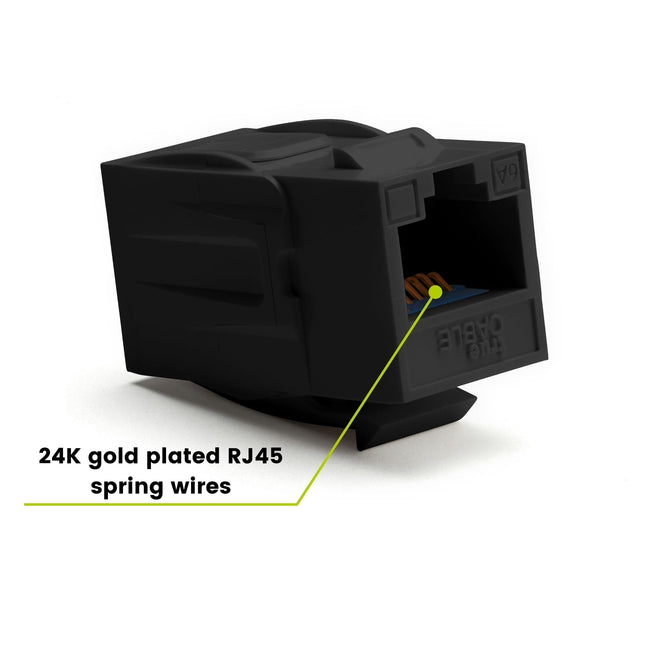 Cat6A Keystone Jack Couplers | Unshielded | 2 Piece | Black | 24K gold plated spring wires