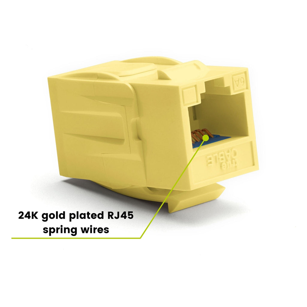 Cat6A Keystone Jack Couplers | Unshielded | 2 Piece | Yellow | 24K gold plated spring wires
