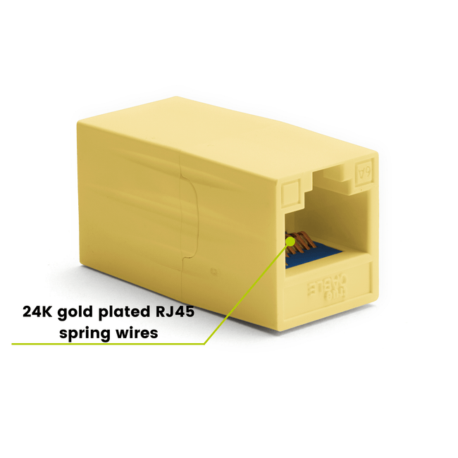 Cat6A Inline Coupler | Unshielded | Yellow | 2pc | 24K gold plated spring wires