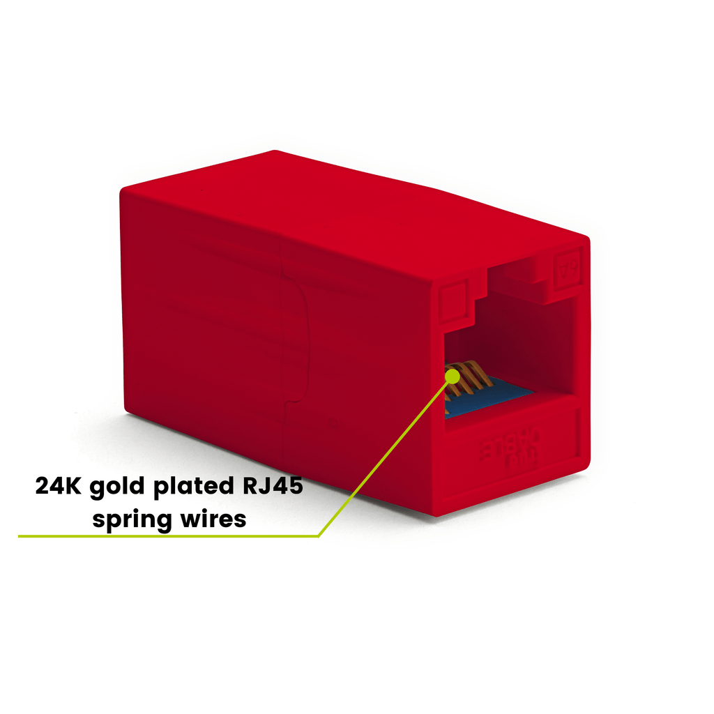 Cat6A Inline Coupler | Unshielded | Red | 12pc | 24K gold plated spring wires