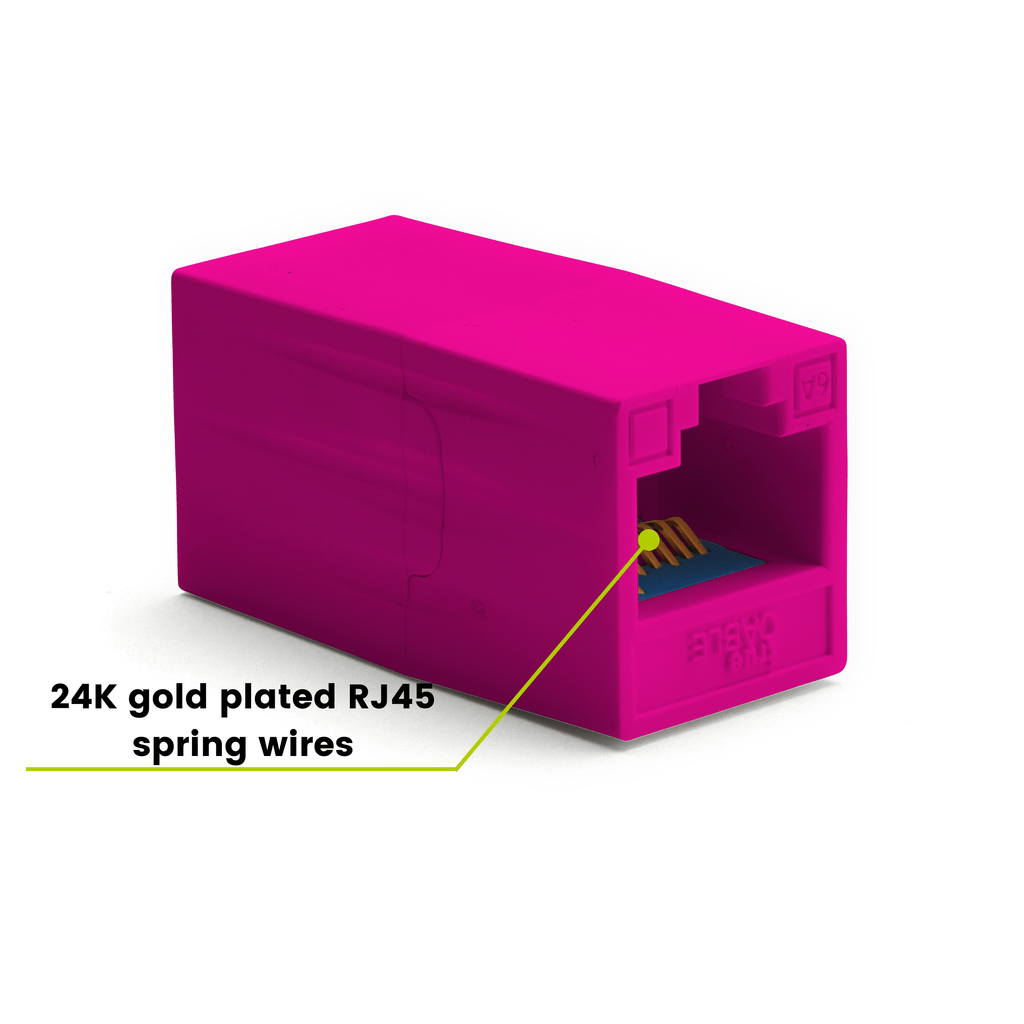 Cat6A Inline Coupler | Unshielded | Pink | 2pc | 24K gold plated spring wires