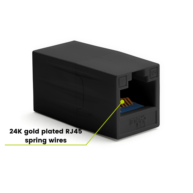 Cat6A Inline Coupler | Unshielded | Black | 2pc | 24K gold plated spring wires