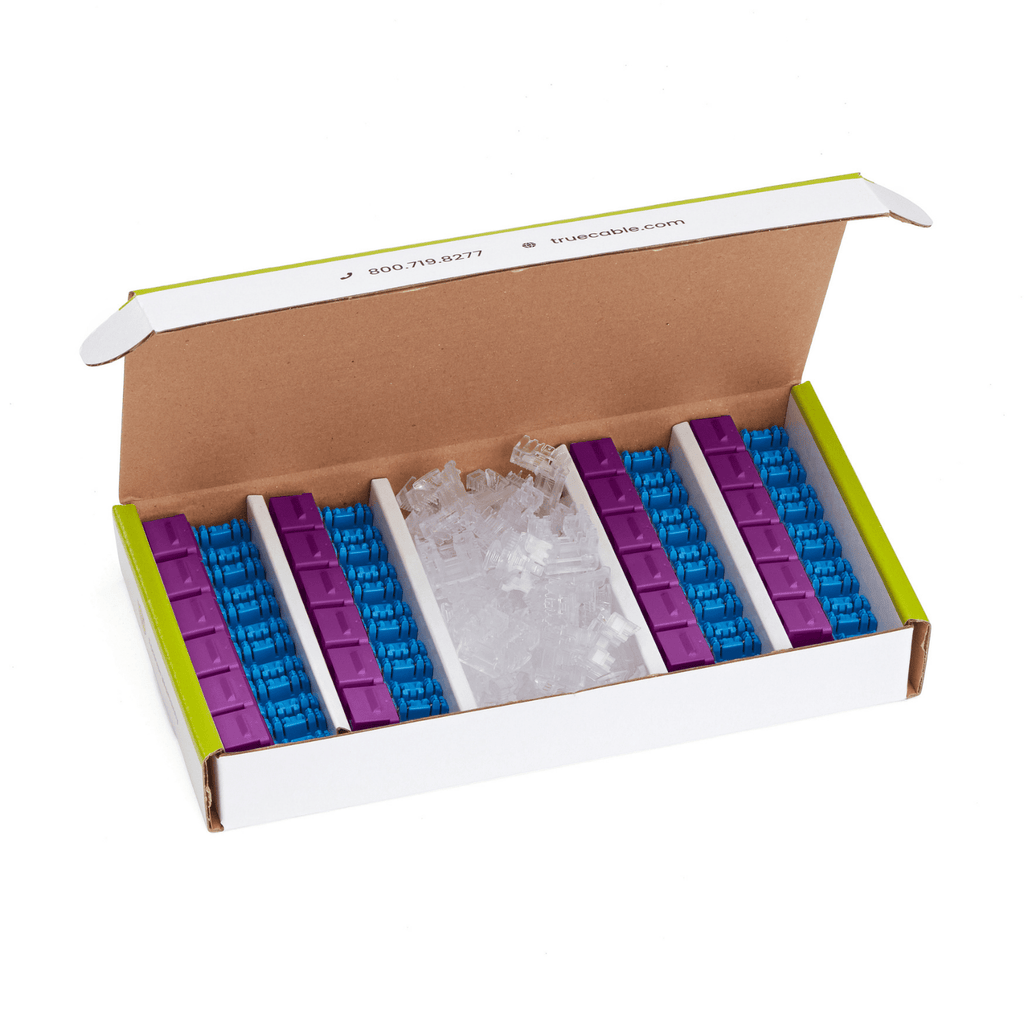 Cat6A Punch Down Keystone Jack | Unshielded | 24pc | Box Contents | Purple