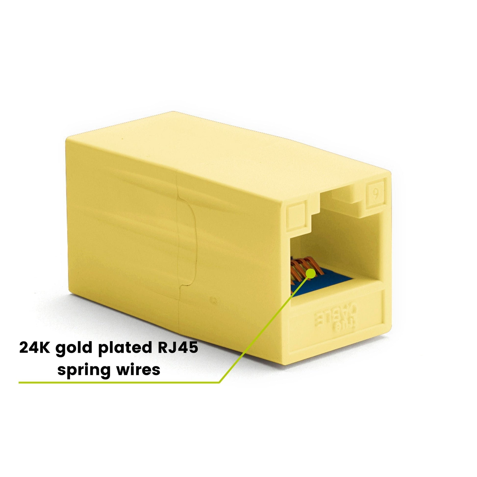 Cat6 Inline Coupler | Unshielded | Yellow | 2pc | 24K gold plated spring wires