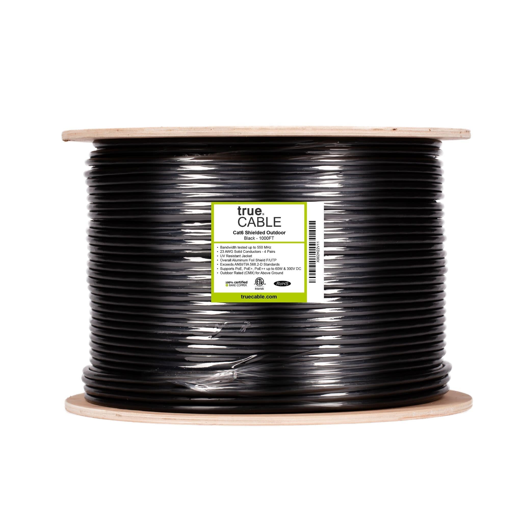trueCABLE Cat6 Outdoor, Shielded FTP, 1000ft, UV Resistant, Aerial CMX Rated, Black, 23AWG Solid Bare Copper, 550Mhz, PoE 4PPoE, ETL Listed, Bulk