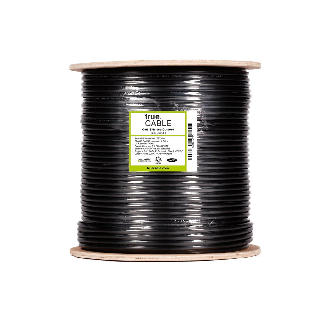 Cat6 Shielded Outdoor Cable Black 500ft trueCABLE Reel Label