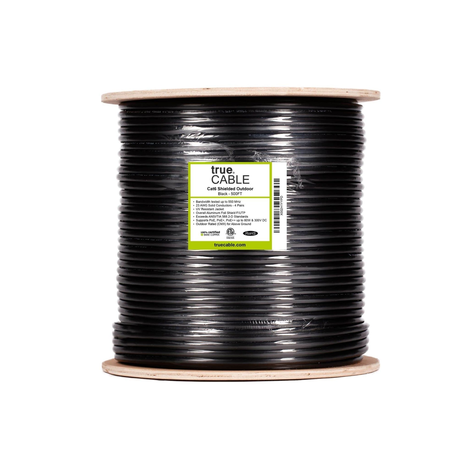 Cat6 Shielded Outdoor Cable Black 500ft trueCABLE Reel Label
