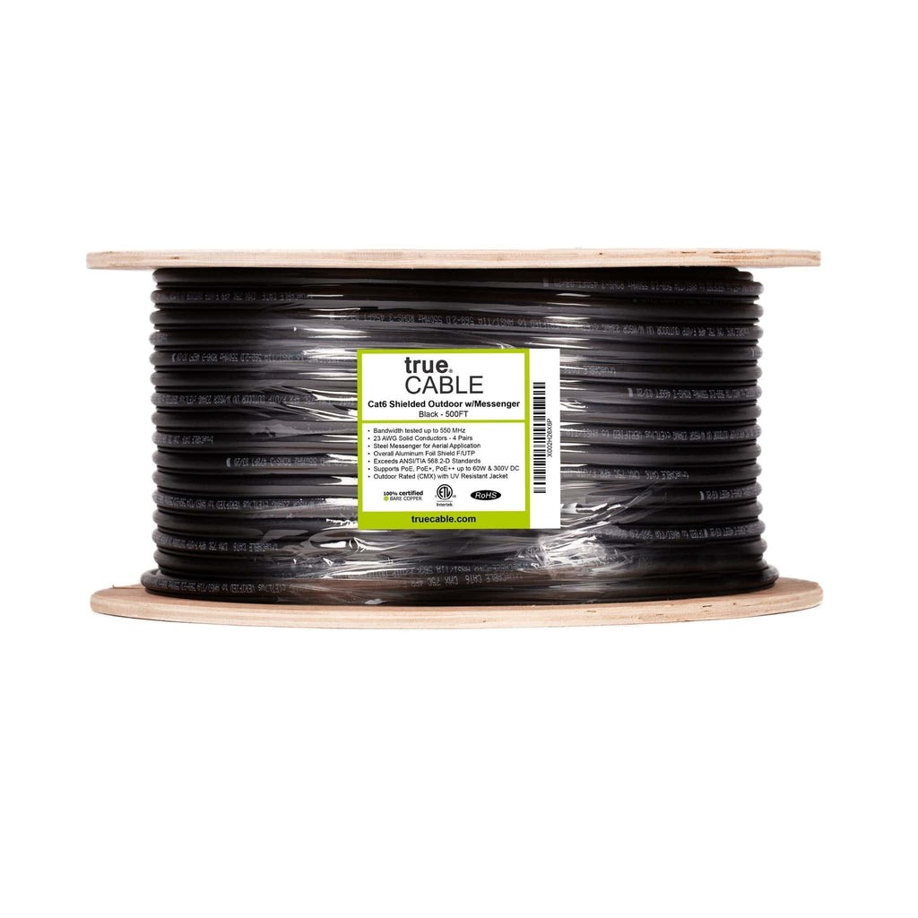 Cat6 Shielded Outdoor With Messenger Cable Black 500ft trueCABLE Reel Label