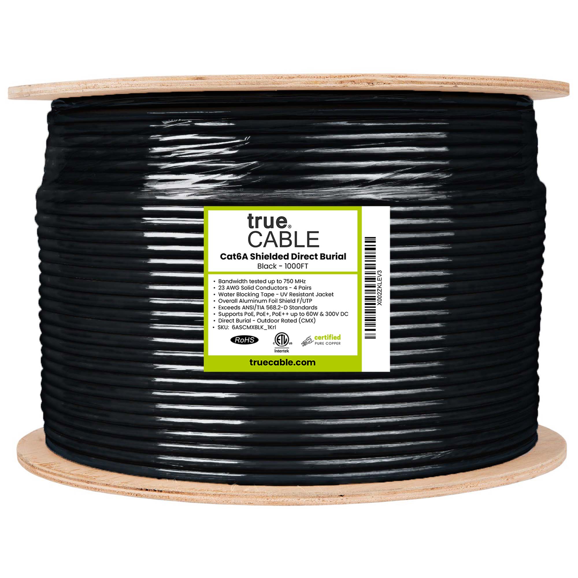 CAT6A Outdoor Bulk Ethernet Cable, Direct Burial Shielded Solid Copper, 23  AWG 1000FT