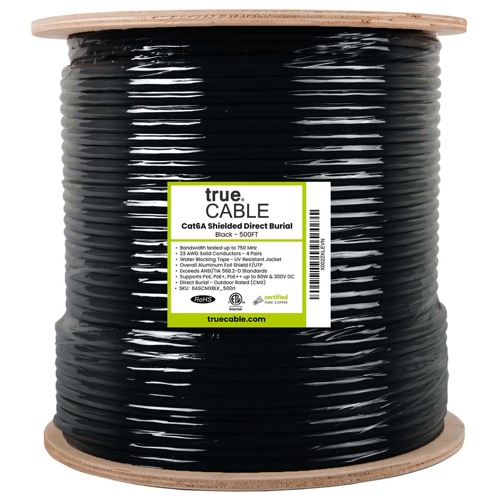 Cat6a direct burial shielded, 500ft black, reel unwrapped