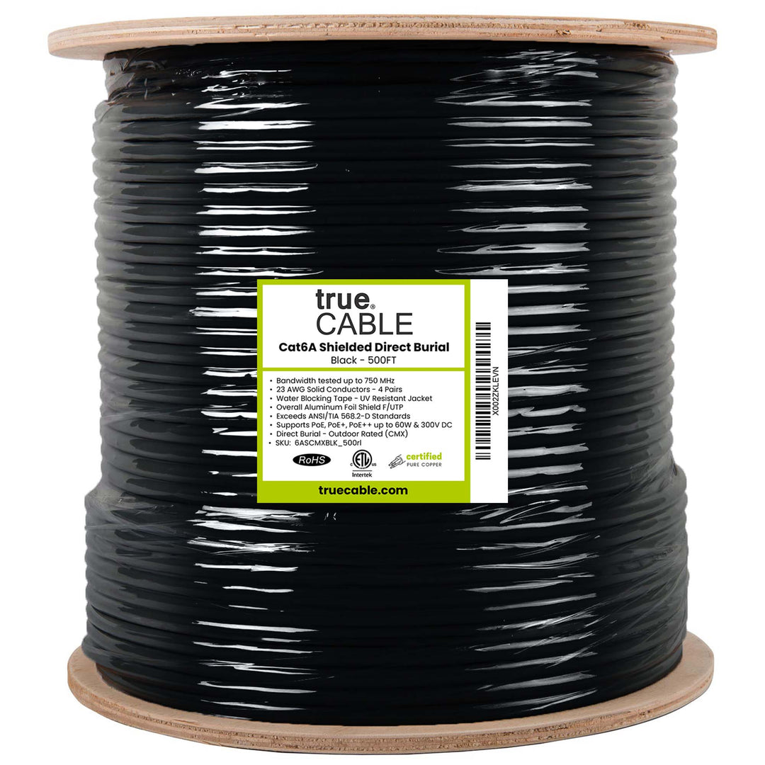Cat6a direct burial shielded, 500ft black, reel unwrapped