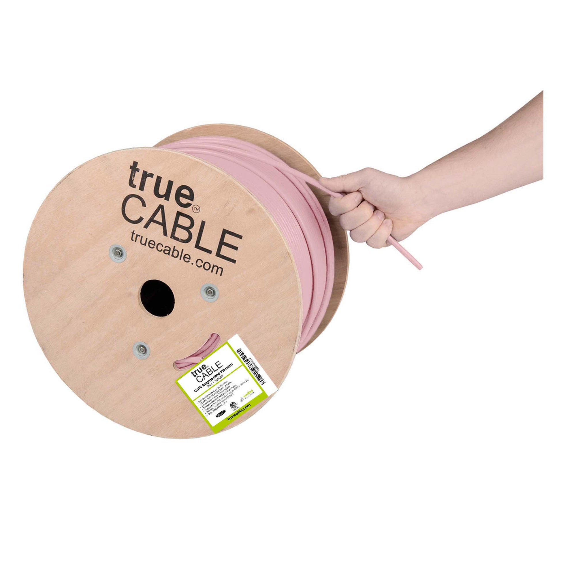 Cat6A Plenum Ethernet Cable Pink 1000ft trueCABLE Hand Pulling
