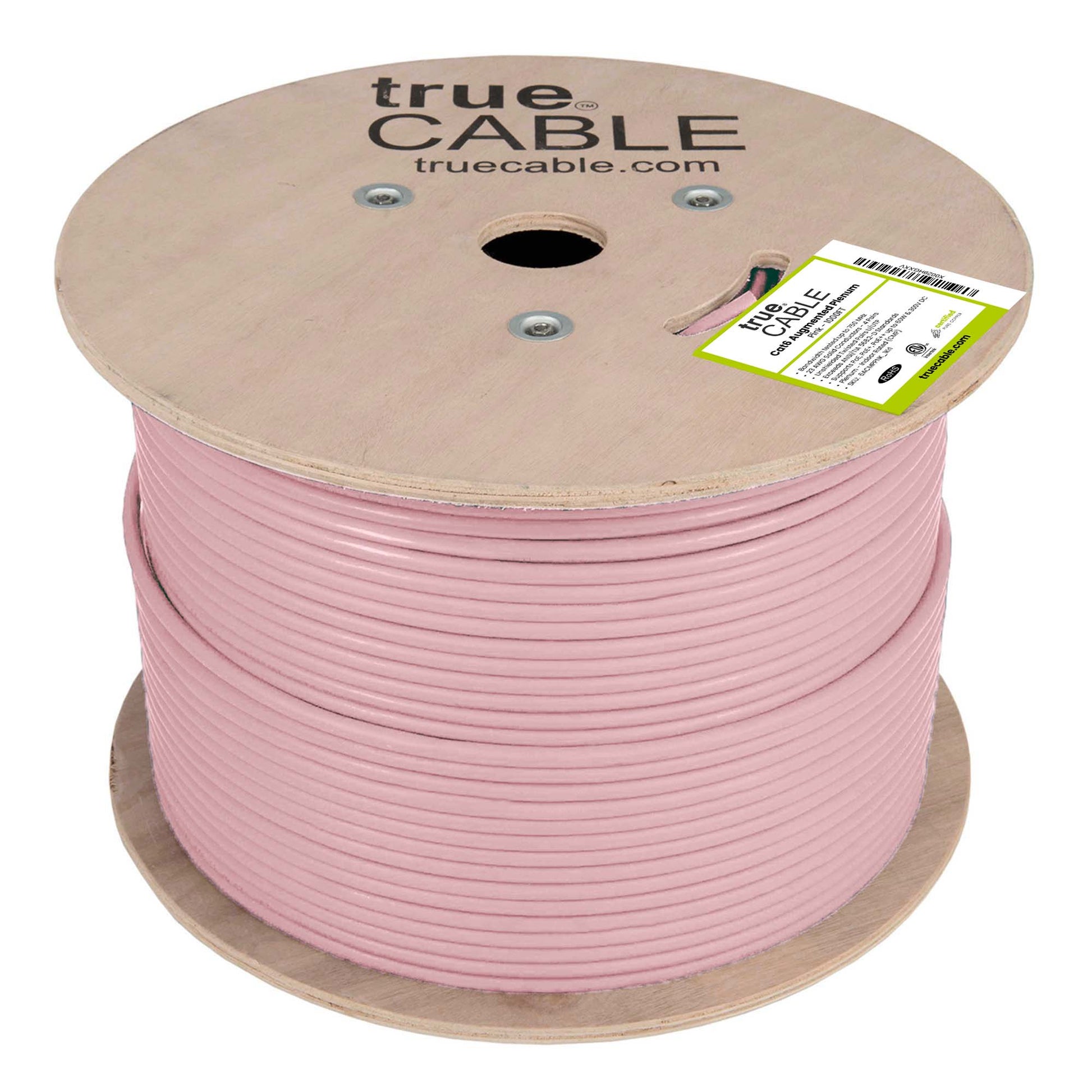 Cat6A Plenum Ethernet Cable Pink 1000ft trueCABLE Reel No Wrap