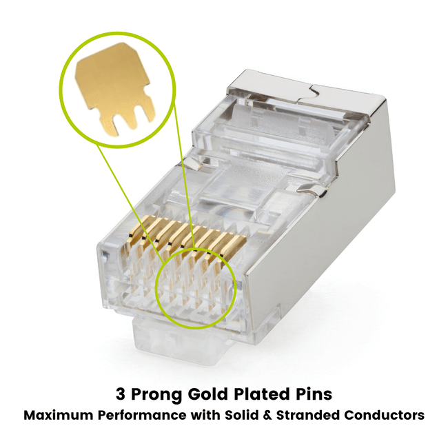 Cat5e Pass Through RJ45 Connectors | Shielded | 50pc | Gold Plated Prongs