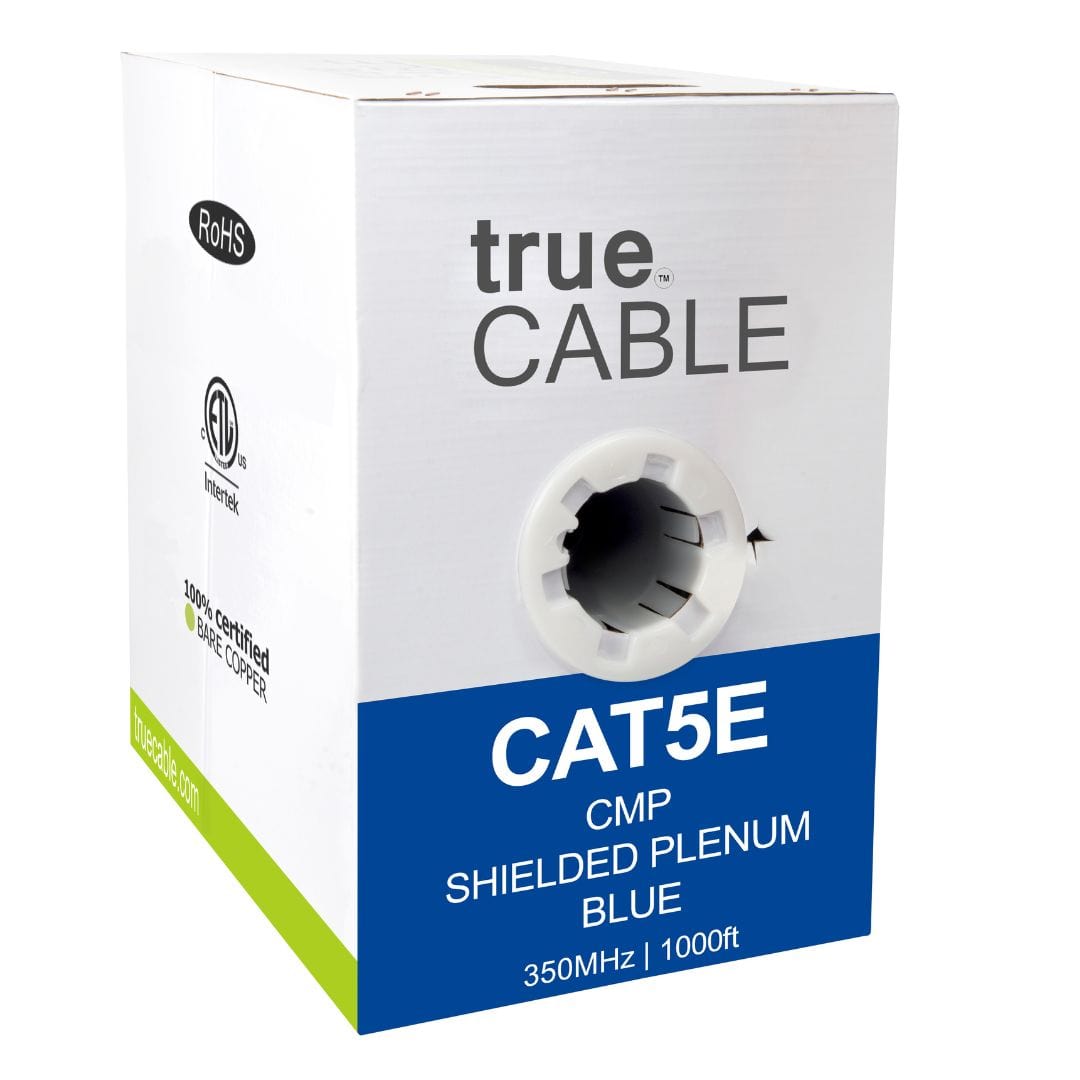 Cat5e Shielded Plenum Ethernet Cable Blue 1000ft trueCABLE Box Front