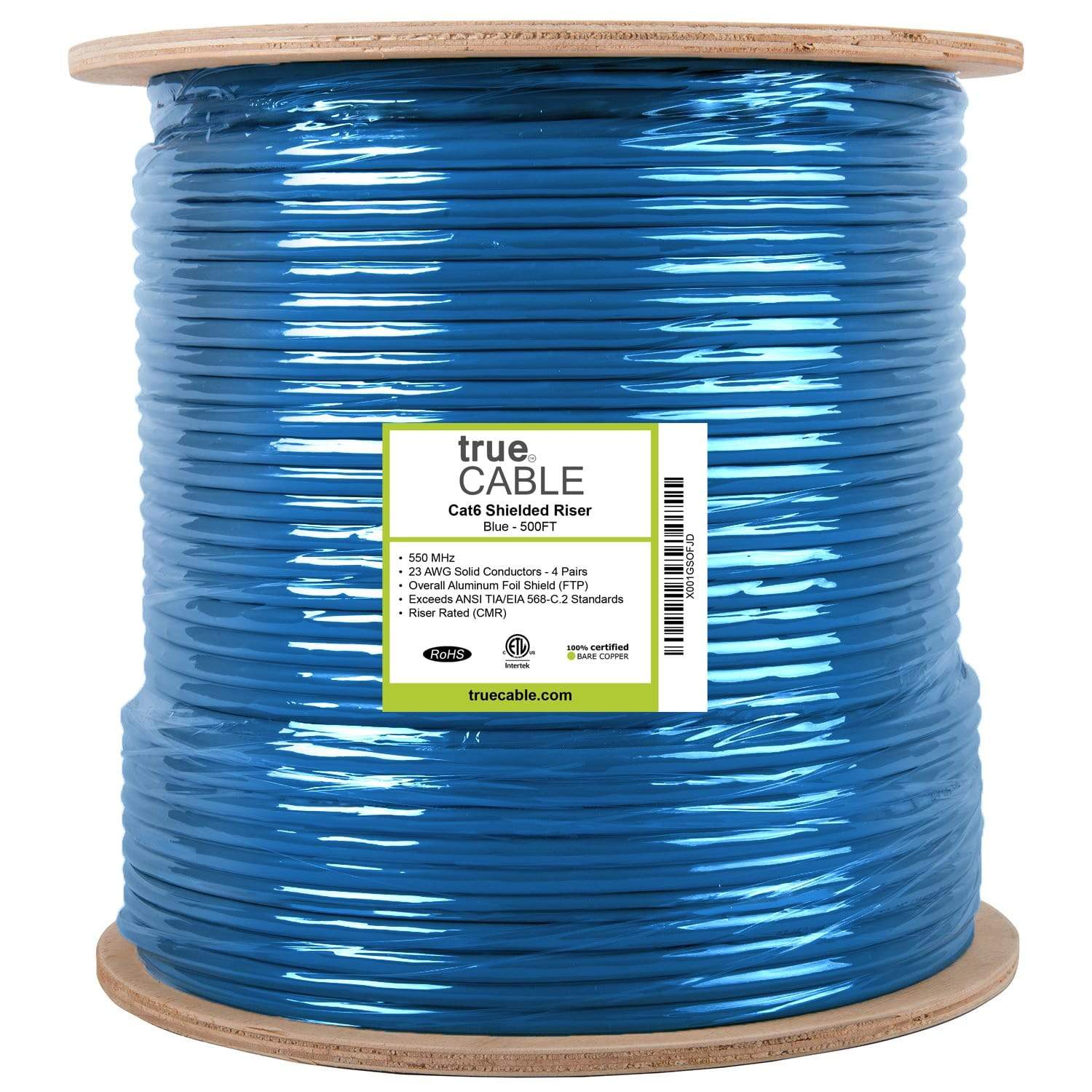 Cat6 Shielded Riser Ethernet Cable Blue 500ft trueCABLE Reel Label