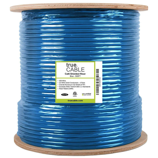 Cat6 Shielded Riser Ethernet Cable Blue 500ft trueCABLE Reel Label