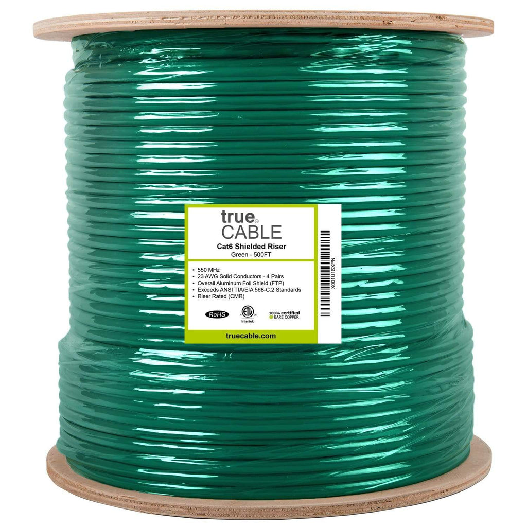 Cat6 Shielded Riser Ethernet Cable Green 500ft trueCABLE Reel Label
