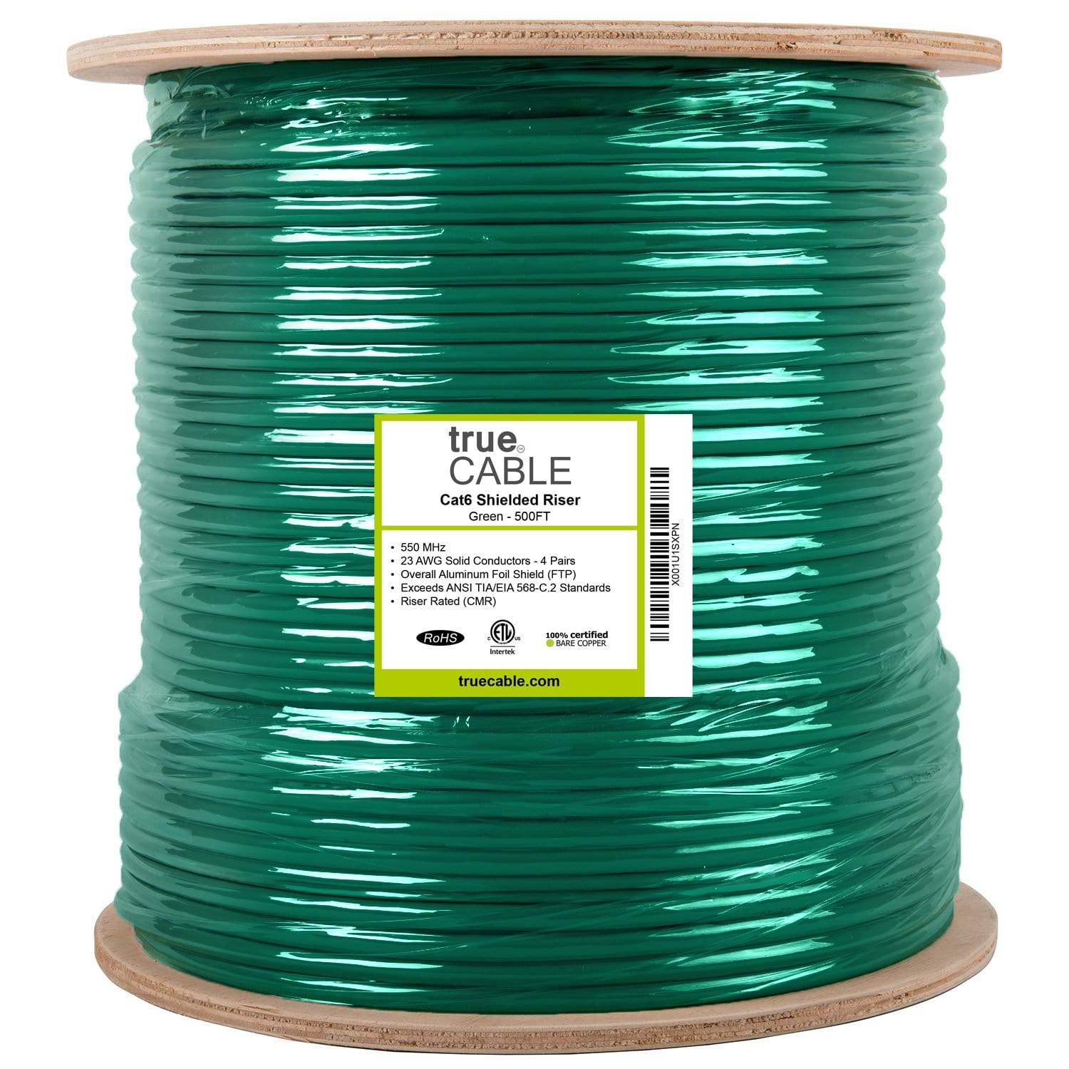 Cat6 Shielded Riser Ethernet Cable Green 500ft trueCABLE Reel Label