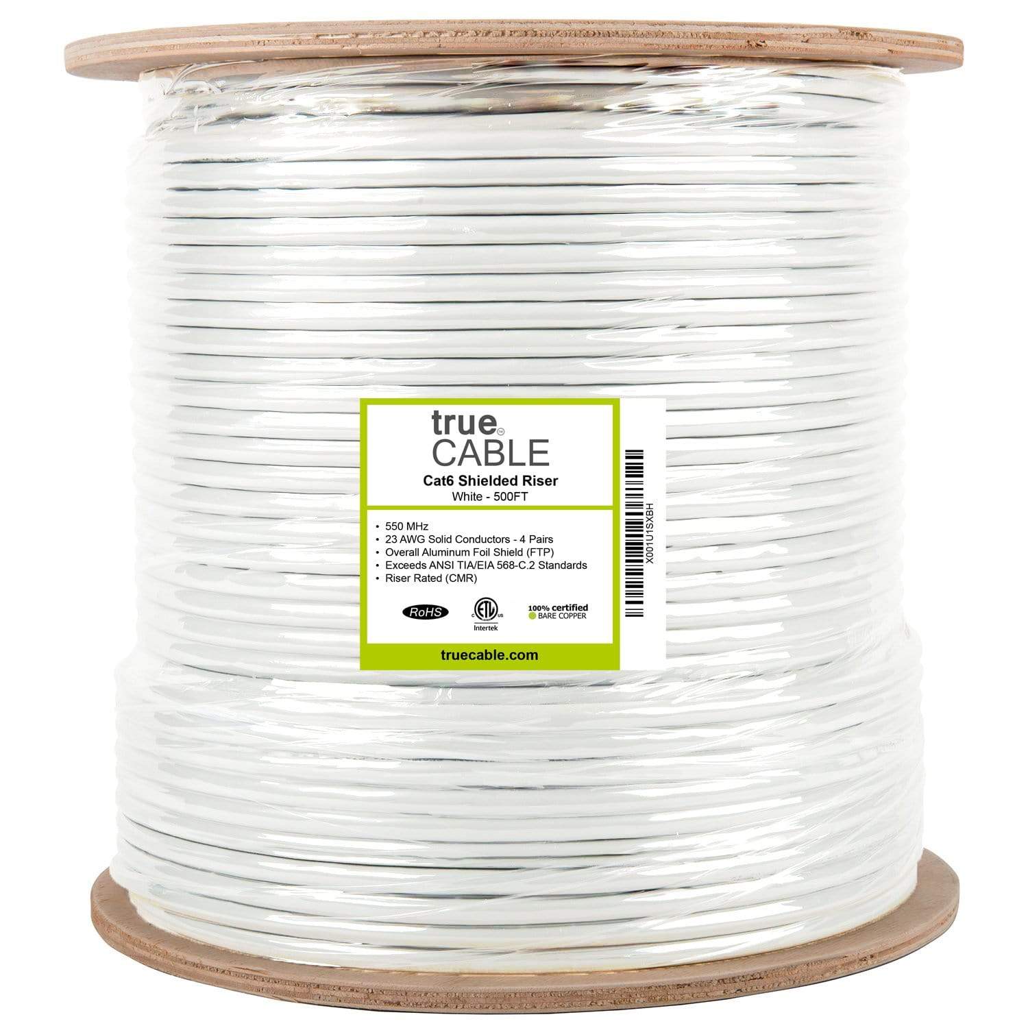 Cat6 Shielded Riser Ethernet Cable White 500ft trueCABLE Reel Label
