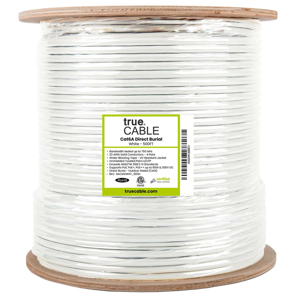 Cat6A Direct Burial, Unshielded, 500ft, white