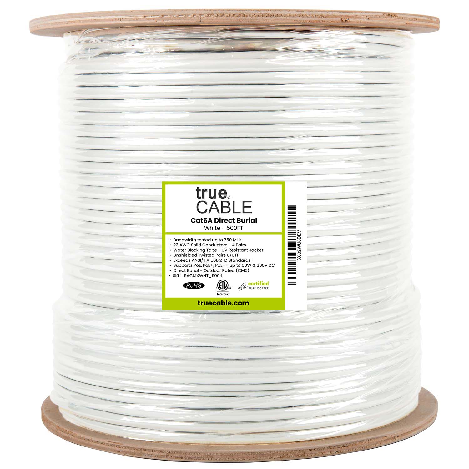Cat6A Direct Burial, Unshielded, 500ft, white